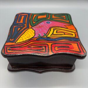 Handcrafted Colorful Wooden Box Mola Style Bird Folk Art Boho Trinket Jewelry